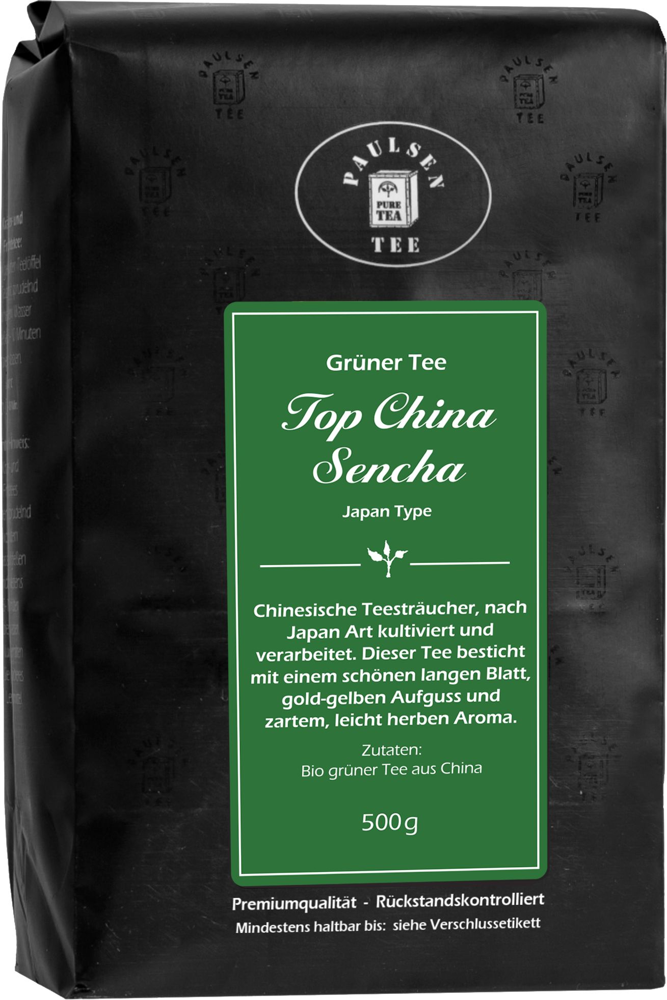 Schwarze Verpackung mit grünem Etikett. Aufschrift: Paulsen Tee, Grüner Tee Top China Sencha Japan Type. 500g. Rückstandskontrolliert.