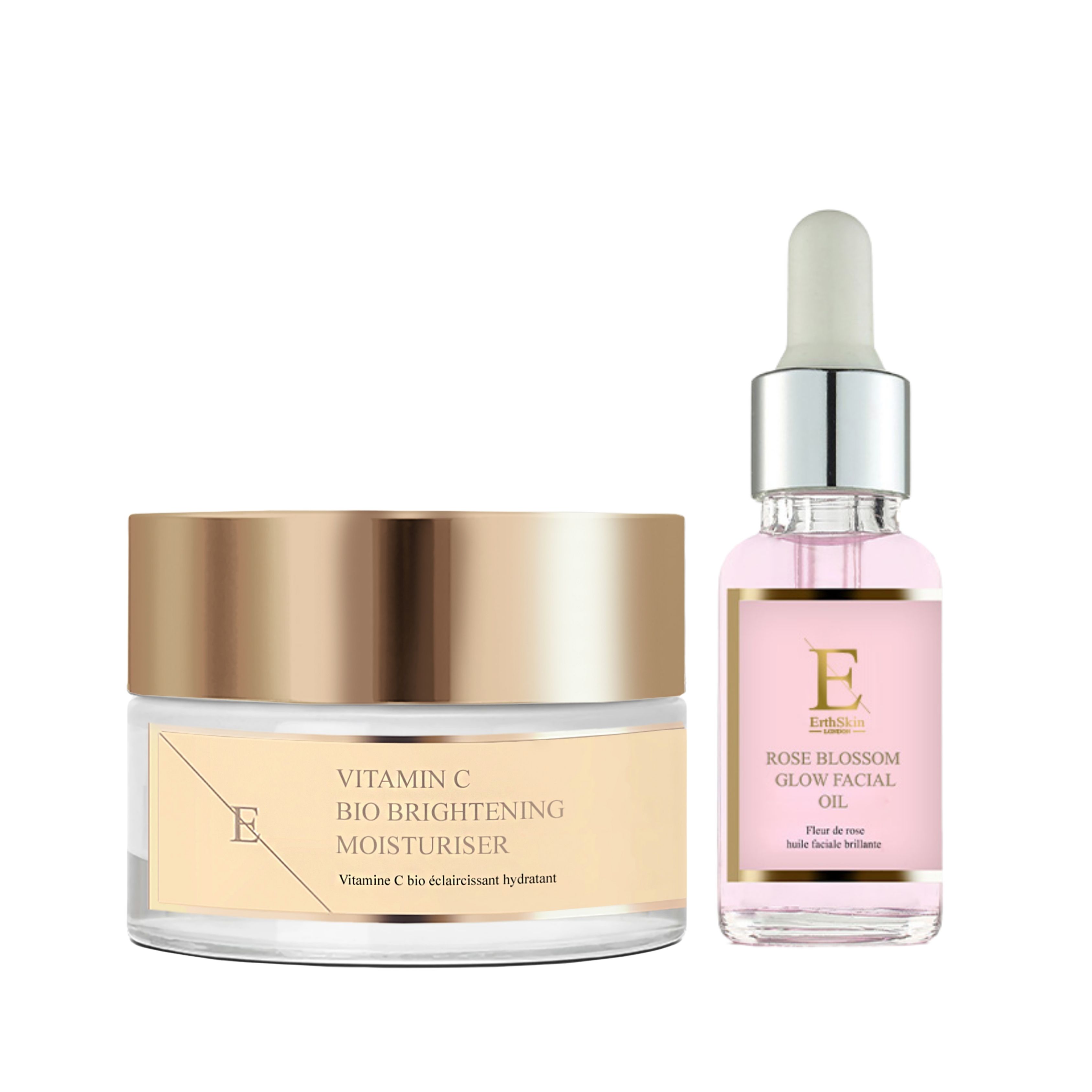 ErthSkin London Rosenblüten-Glow-Gesichtsöl + aufhellende Bio-Feuchtigkeitscreme mit Vitamin C