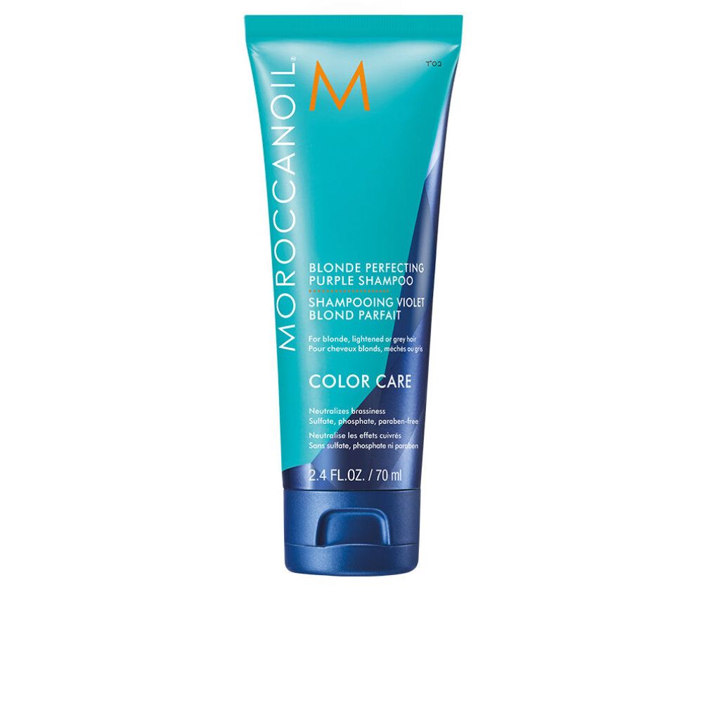 Türkise Tube mit Moroccanoil Blonde Perfecting Purple Shampoo, 70ml.