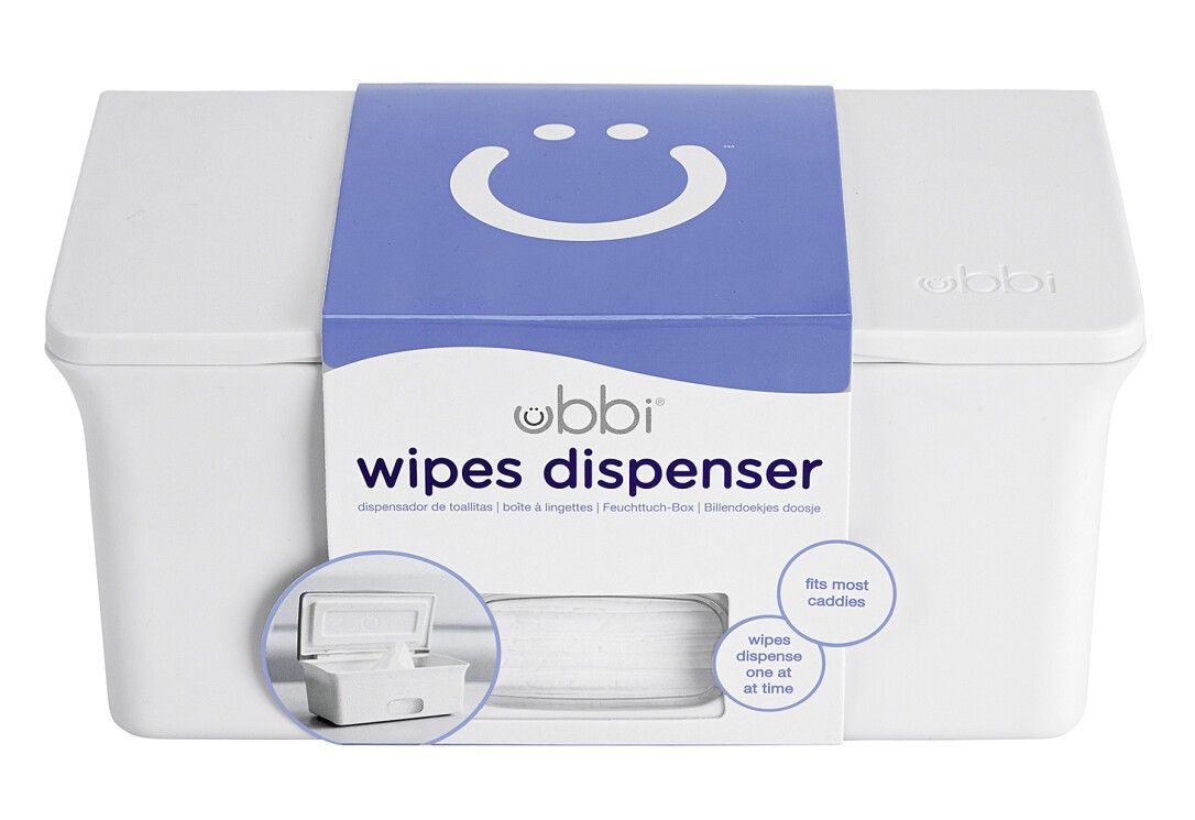 Weißer Feuchttuchspender mit blauem Band. Aufschrift "ubbi wipes dispenser". Runde Öffnung für Tücher. Kleines Detailbild.