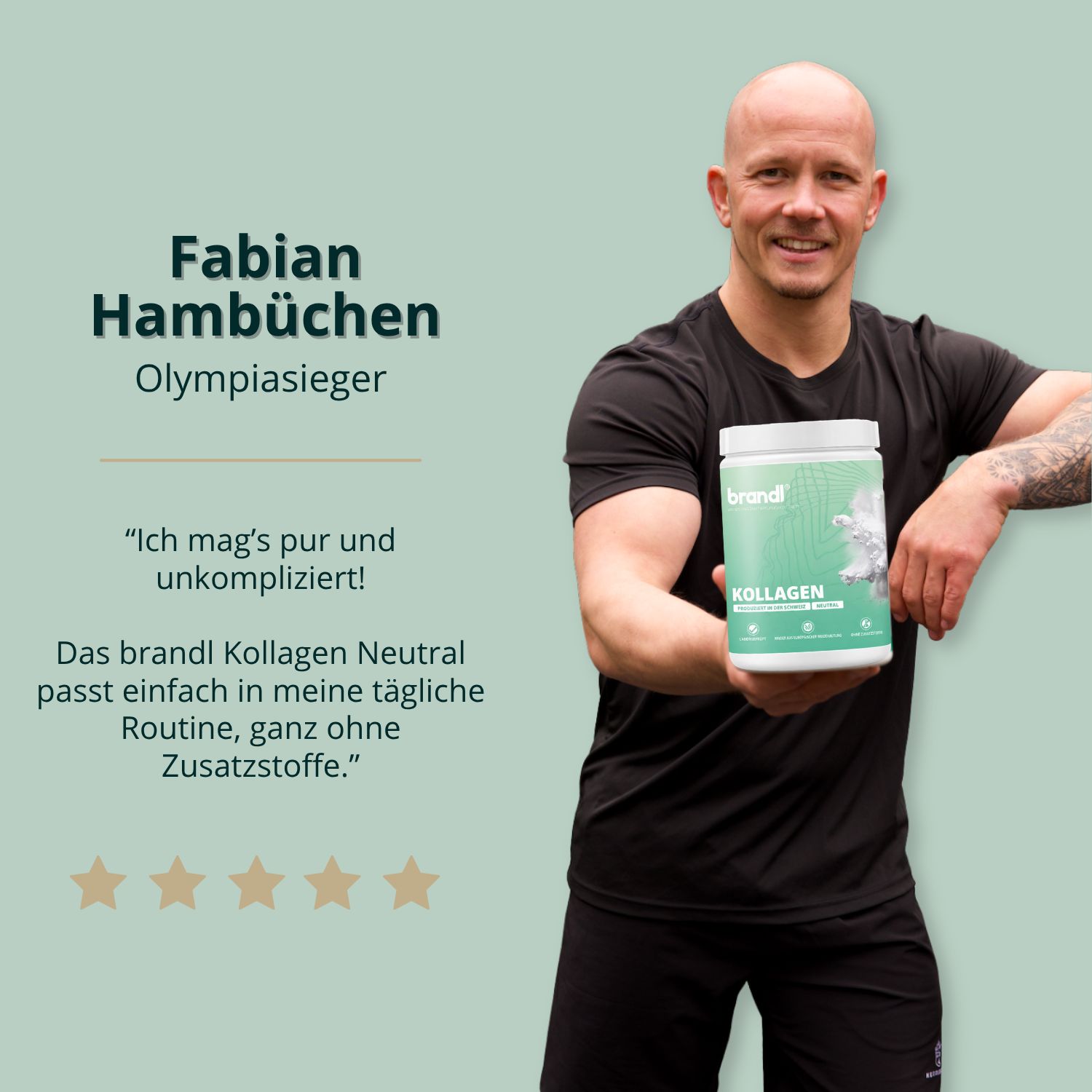 Mann hält Dose mit Kollagenpulver. Text: Fabian Hambüchen, Olympiasieger.