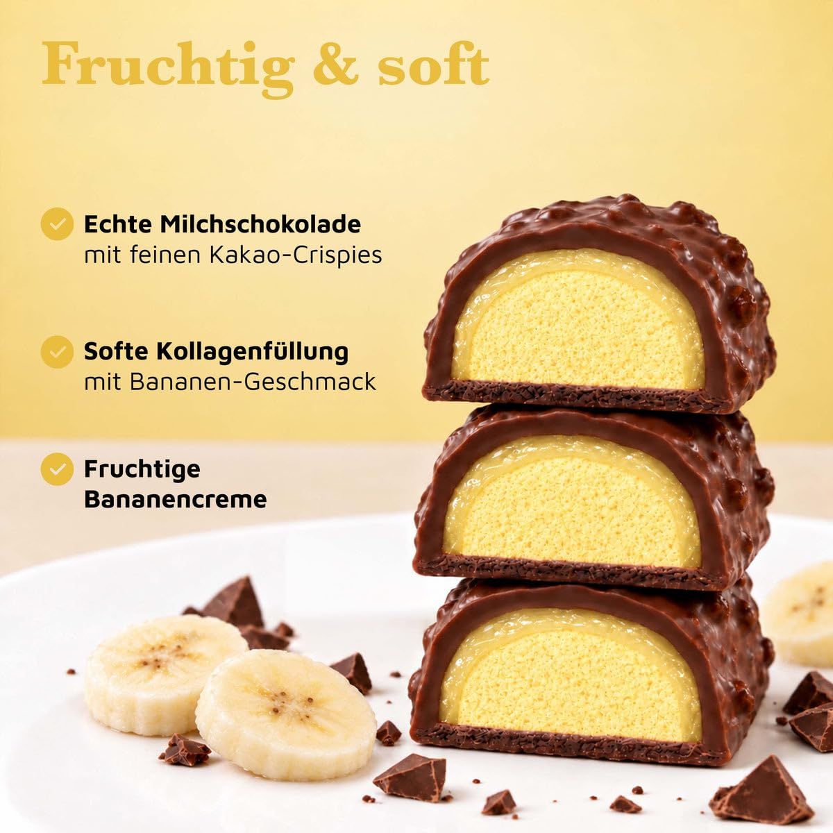Box mit Bananen-Beauty-Kollagenriegeln, jeweils einzeln verpackt.