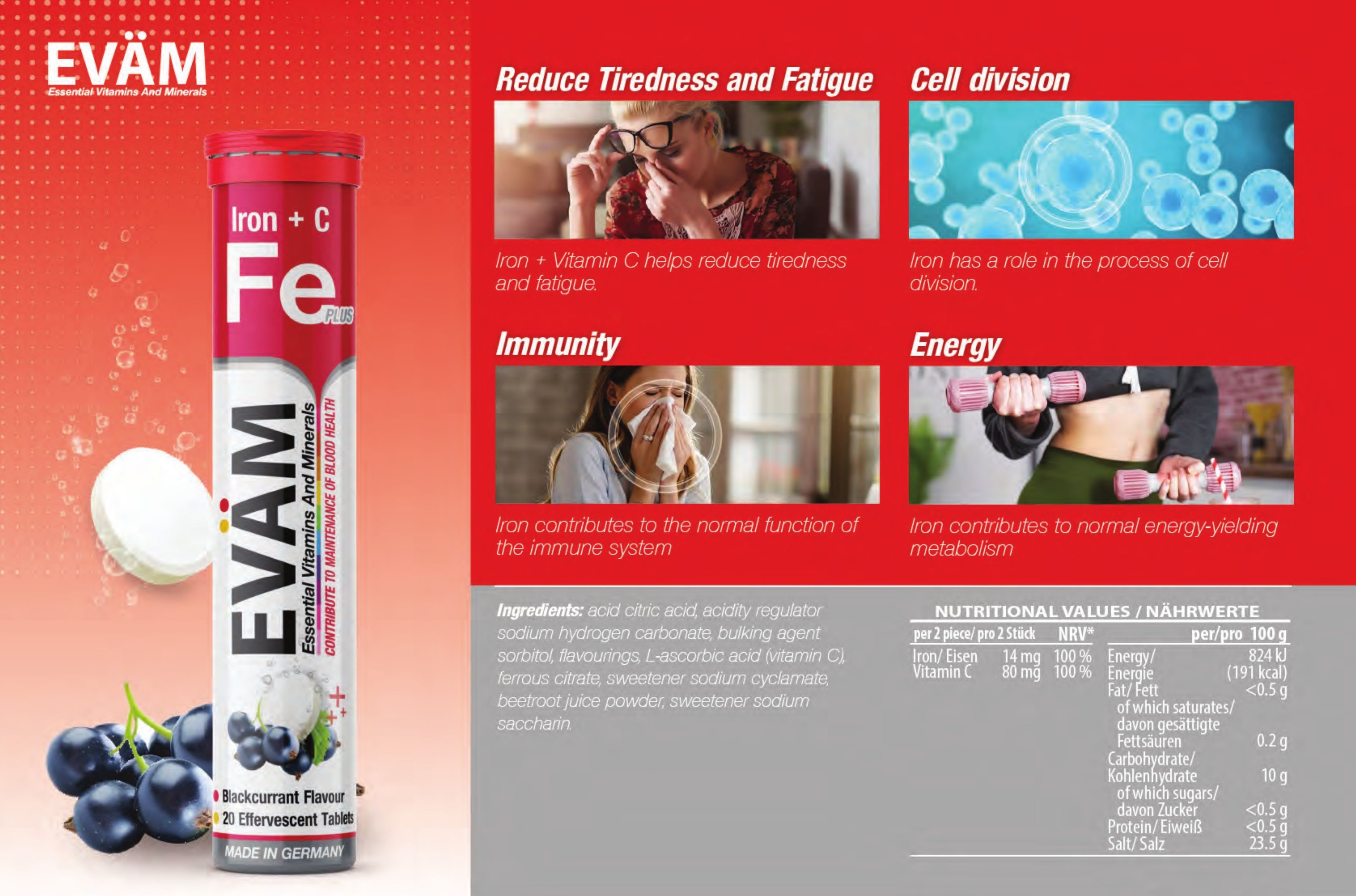 EVÄM Eisen + Vitamin C Brausetabletten. Reduziert Müdigkeit und unterstützt das Immunsystem. Nährwertangaben.