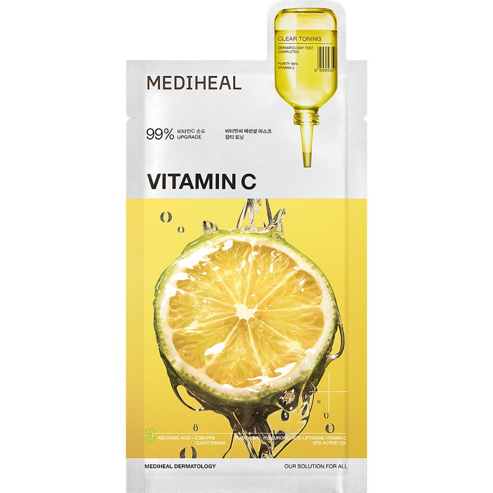 Verpackung der MEDIHEAL Vitamin C Tuchmaske mit Zitrone und Wasser. Gelbe Verpackung mit Dosierampulle.