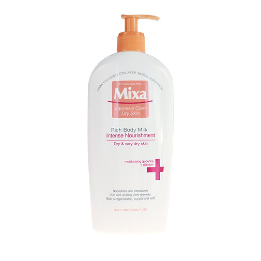 Weiße Flasche mit orangefarbenem Pumpkopf. Aufschrift: Mixa, Intensive Care, Rich Body Milk, Intense Nourishment.