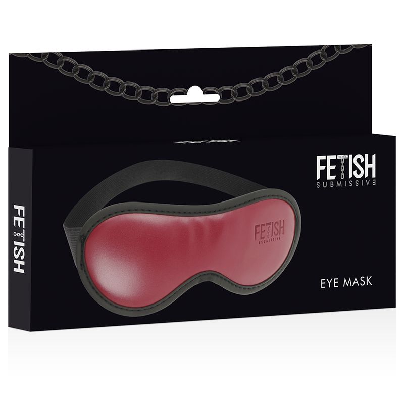 Rote Augenmaske mit schwarzem Rand und Gummiband. Schwarze Verpackung mit Kette und Logo. Aufschrift: FETISH SUBMISSIVE, EYE MASK.