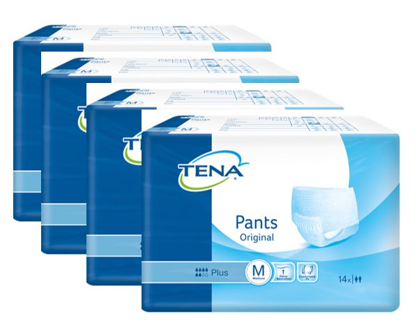 Mehrere Packungen TENA Pants Original Plus, Größe M. Blaue Verpackung mit Produktabbildung und Logo. 14 Stück pro Packung.