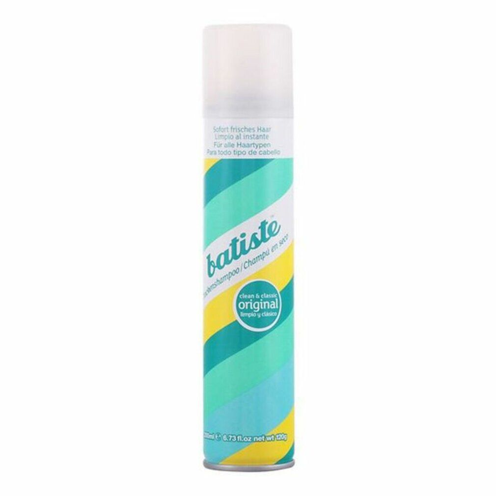 Batiste Trockenshampoo Original. Zylindrische Dose mit weißem Deckel. Türkis-gelbes Muster. Text: "Clean & classic".