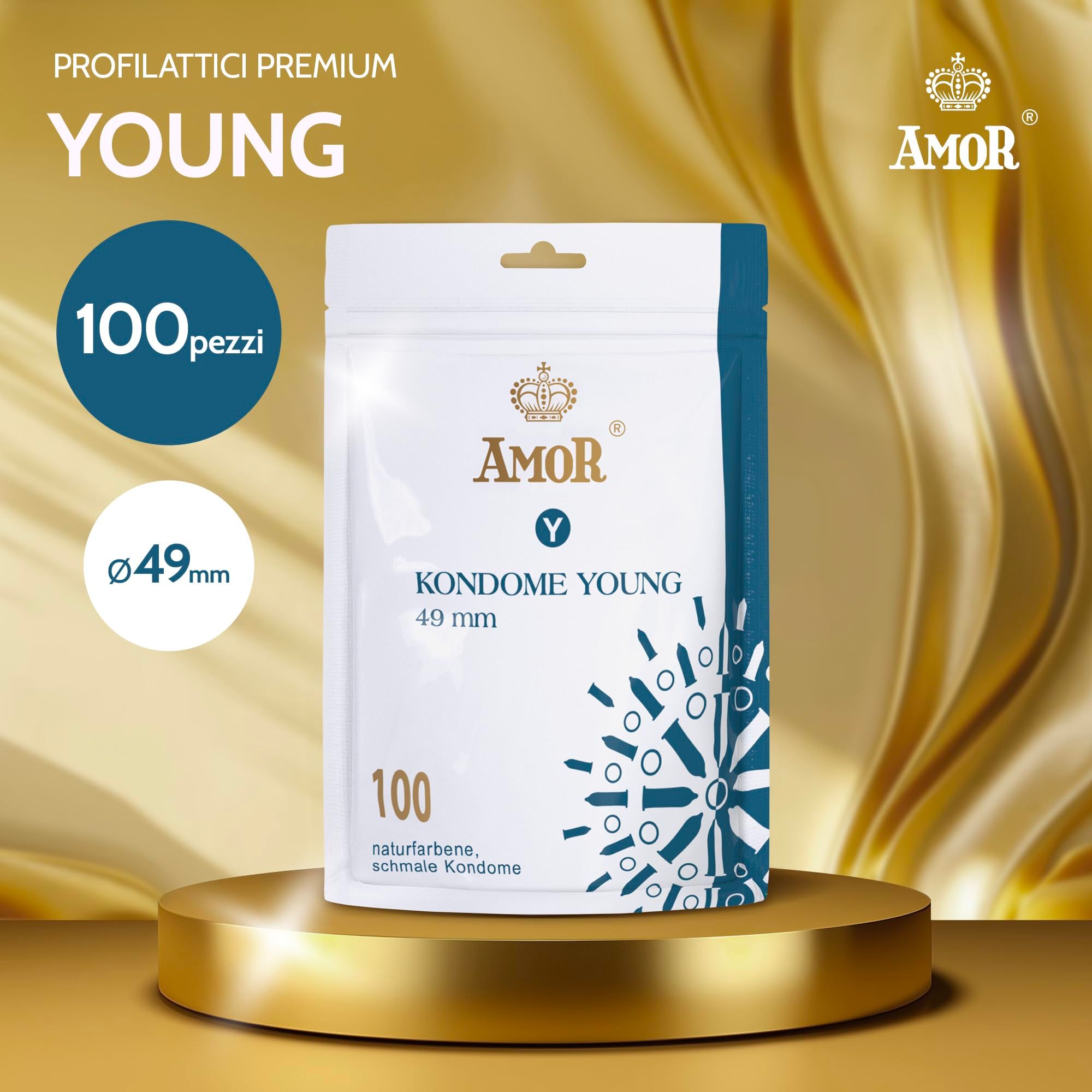 Packung mit 100 Amor Kondomen Young, 49mm, naturfarben, schmal.