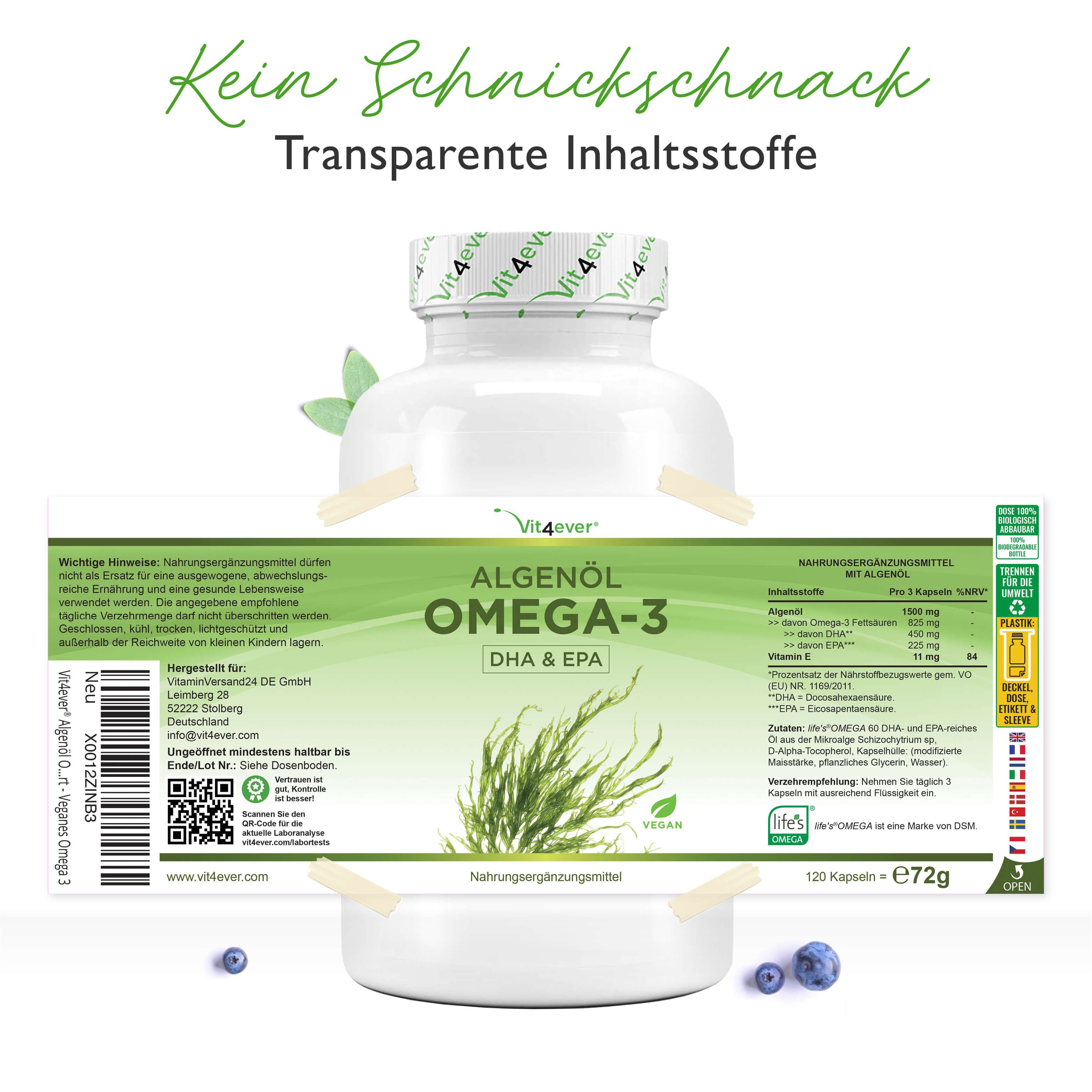 Produktflasche mit Etikett. Text: Wichtige Hinweise, Nährwertangaben, 120 Kapseln, 72g. QR-Code. Vit4ever-Logo.
