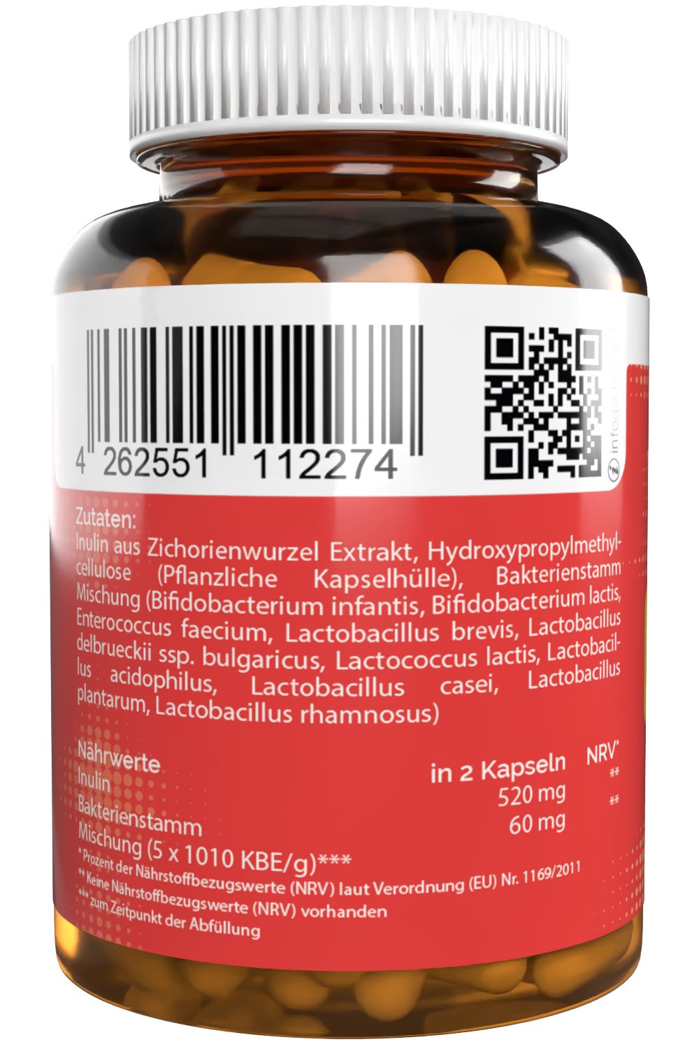 Rückseite einer Flasche mit braunen Kapseln. Barcode und QR-Code. Zutatenliste und Nährwertangaben.