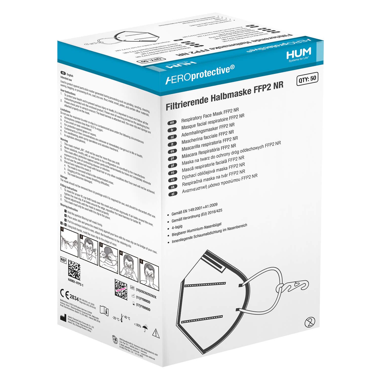 Kartonverpackung für HUM AEROprotective Filtrierende Halbmaske FFP2 NR. Aufdrucke mit Produktinformationen und Piktogrammen.