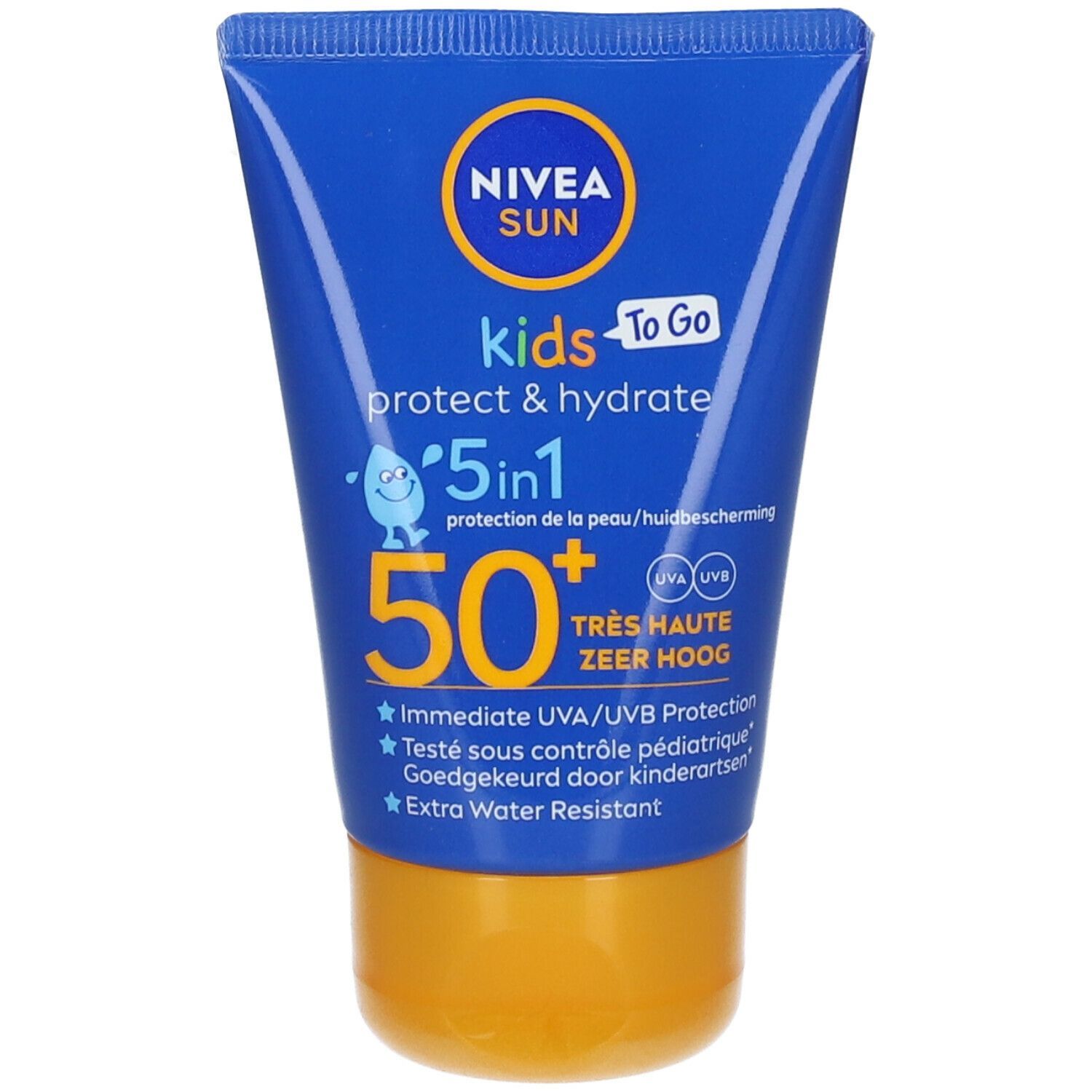 Blaue Tube NIVEA Sun Kids To Go SPF50+. 5in1 Schutz. Sehr hoher Schutz. Wasserfest. Mit UV-Schutz.