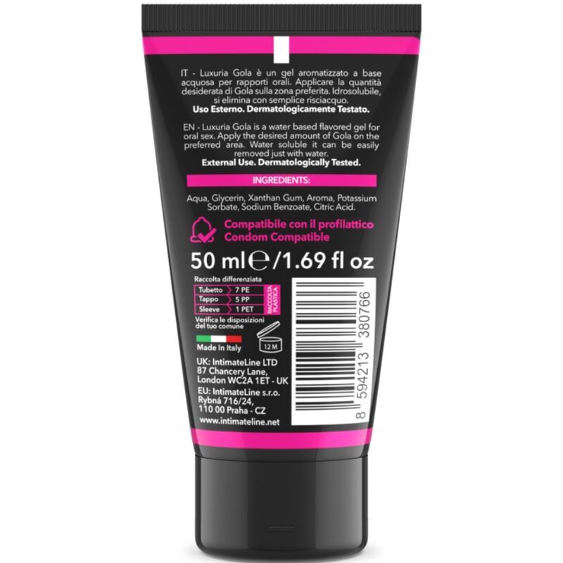 Schwarze Tube mit rosa Akzenten. Text: "50 ml/1.69 fl oz", "Condom Compatible". Rückseite mit Inhaltsstoffen und Herstellerinformationen.