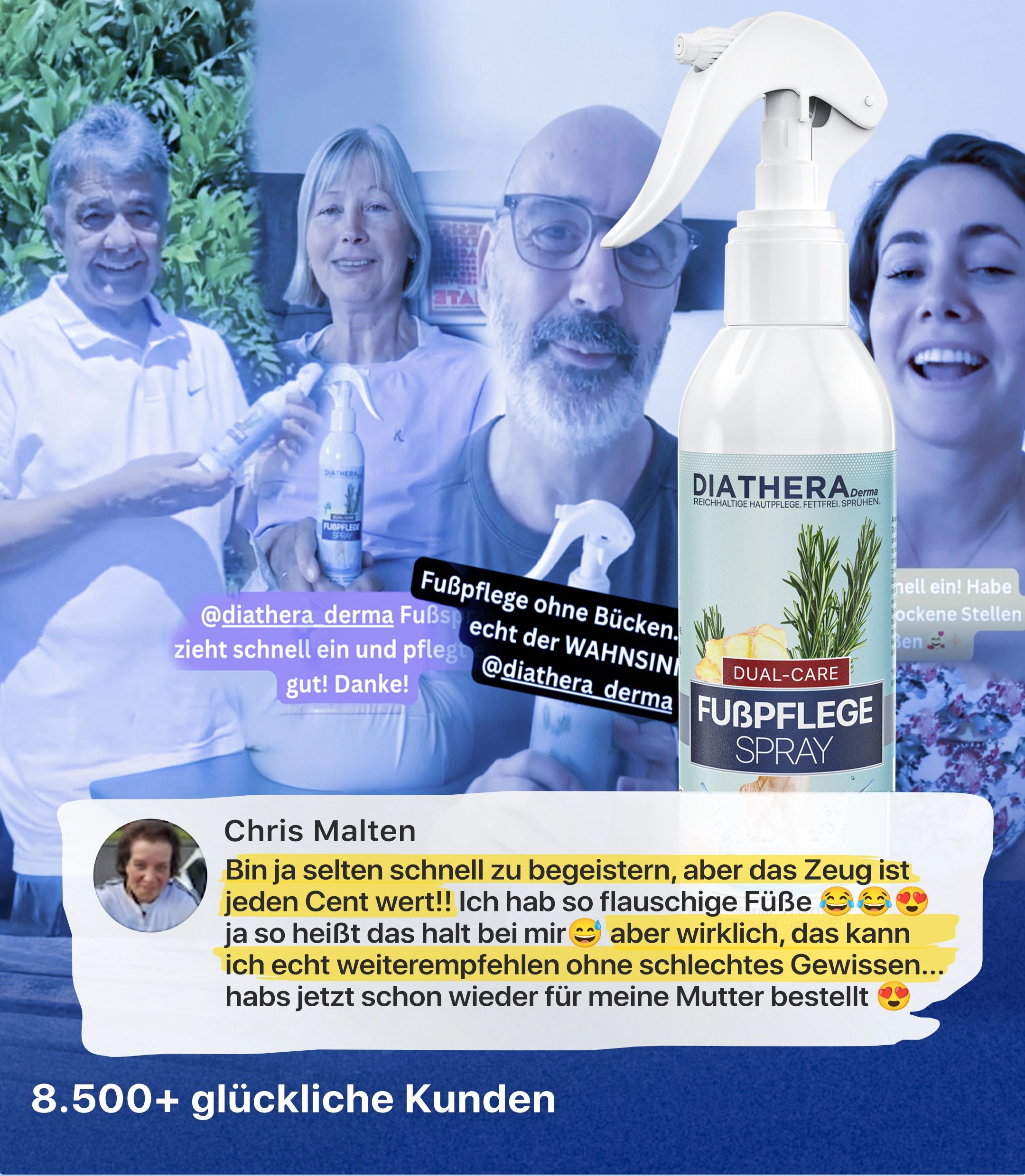 DIATHERA Derma Fußpflege-Spray mit zufriedenen Kunden und positiven Bewertungen. Über 8.500 glückliche Kunden.