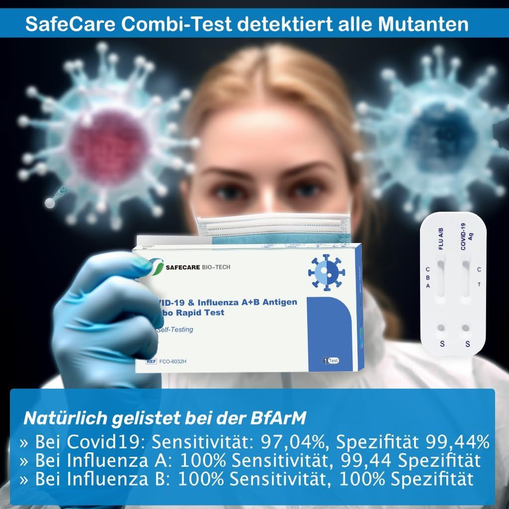 Person hält einen Testkit. Auf der Verpackung steht: COVID-19 & Influenza A+B Antigen Combo Rapid Test. Daneben ein Teststreifen.