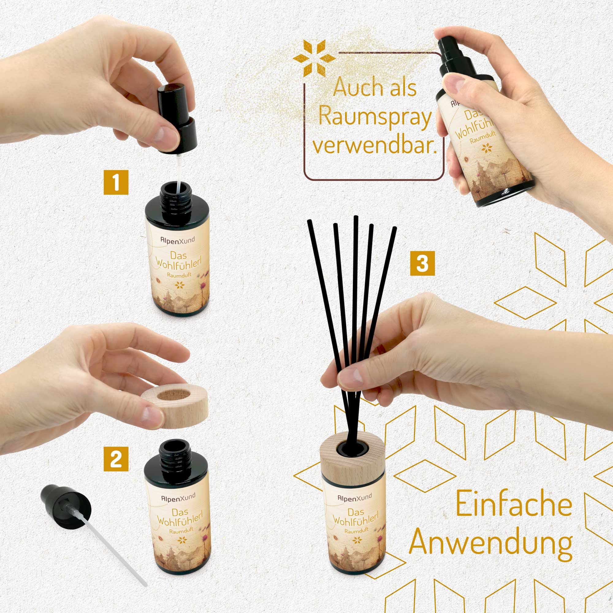 Produktflasche mit schwarzem Deckel, Holzring und Stäbchen. Auch als Raumspray verwendbar. Einfache Anwendung.