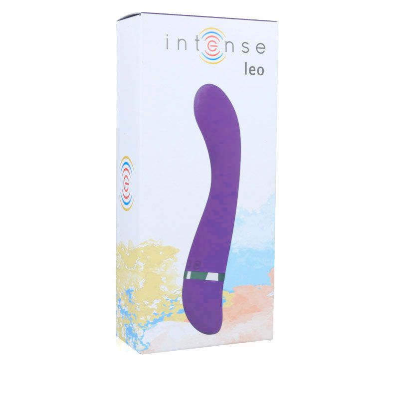 Produktverpackung mit lila Vibrator-Abbildung. Marke "Intense Leo" sichtbar. Rechteckige Form.
