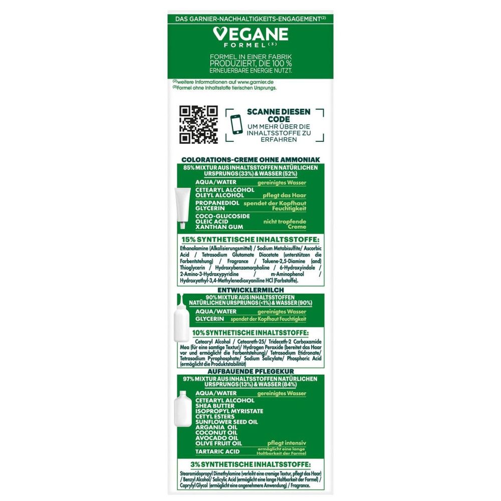 Rückseite der Garnier Nutrisse Ultra Crème Verpackung. Enthält Informationen über die vegane Formel und Inhaltsstoffe. Text in deutscher Sprache.