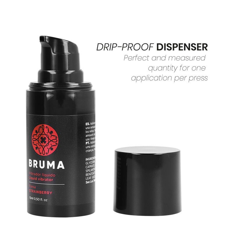 Schwarze Flasche mit rotem Logo BRUMA. Text: Flüssigvibrator, Erdbeer-Geschmack. 15ml. Separater schwarzer Deckel. Tropffreier Spender.