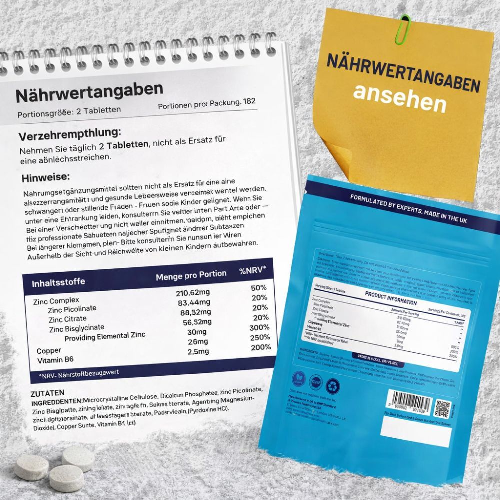 Nährwertangaben und Produktinformationen auf Notizblock und Beutel. Enthält Informationen zu Inhaltsstoffen und Nährwerten pro Portion.