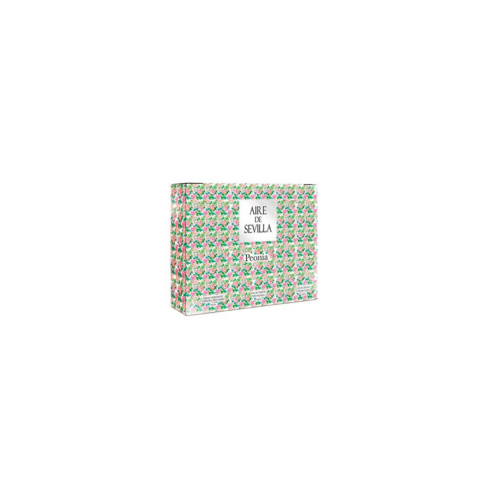 Kartonverpackung mit floralem Muster. Aufschrift: Aire de Sevilla Peonia. Seitlich bedruckt.