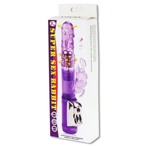 Produktverpackung mit Vibrator. Aufschrift: SUPER SEX RABBIT. Weißer Karton.