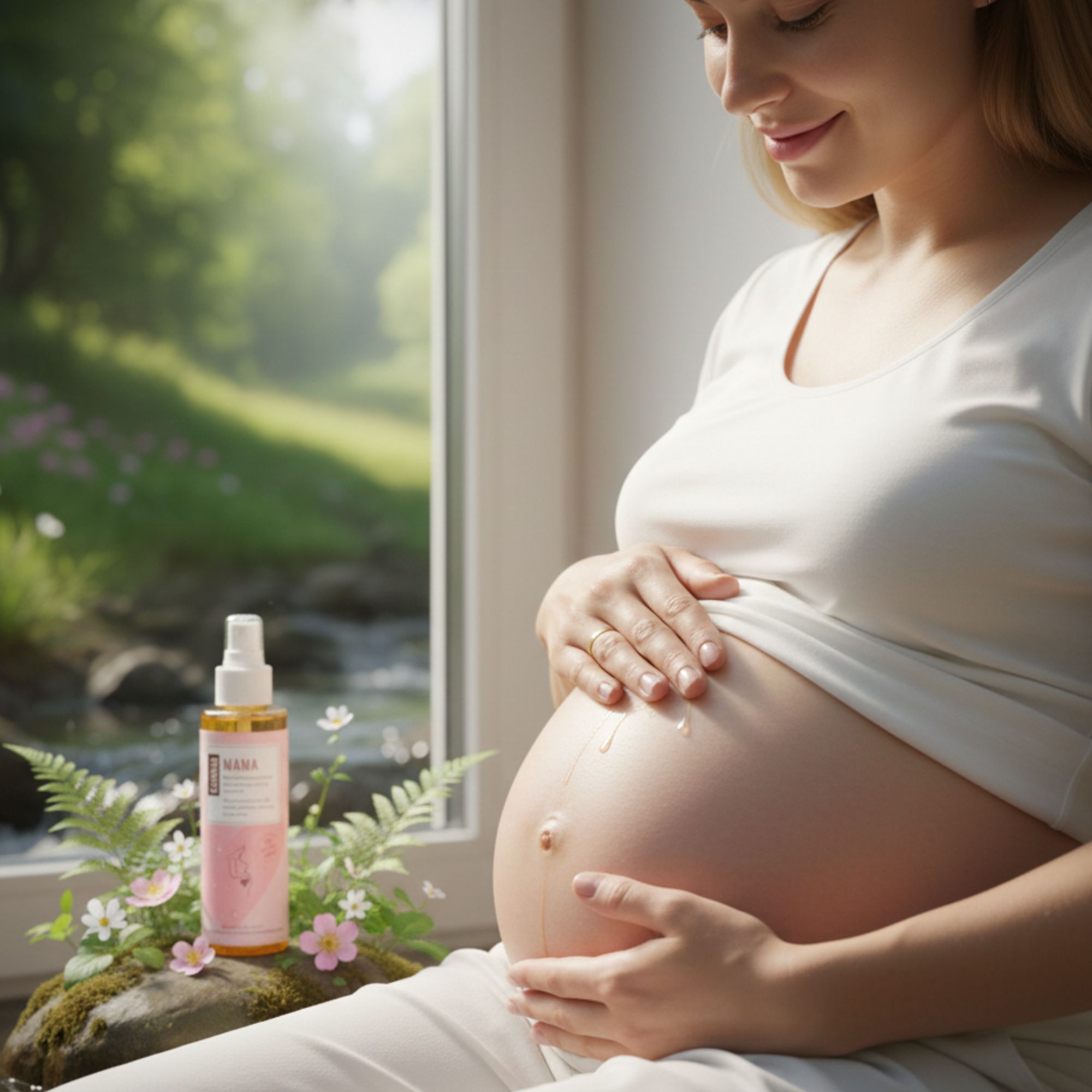 Schwangere Frau hält ihren Bauch. Ölflasche mit Sprühkopf daneben. Rosa Etikett mit Text.
