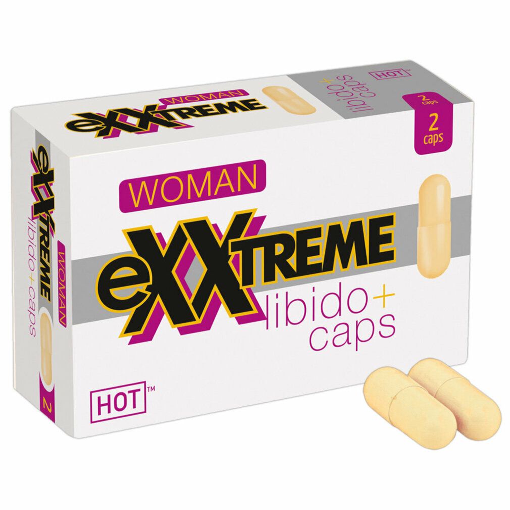 Verpackung mit zwei Kapseln. Aufschrift: eXXtreme Libido+ caps, Woman, HOT. Zwei Kapseln liegen daneben.