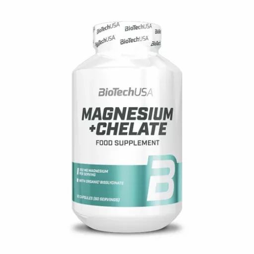 Weiße Flasche mit "BioTechUSA Magnesium + Chelate"-Aufschrift. Enthält Kapseln. Grün-weiße Farbgebung.