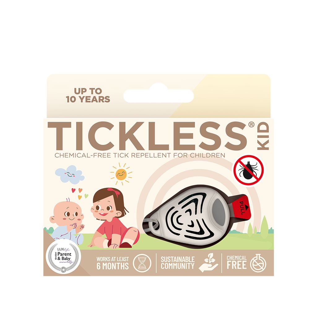 Verpackung des TICKLESS Kinder Zeckenschutz-Repellents in Beige. Zeigt Kinder und Produktinformationen.