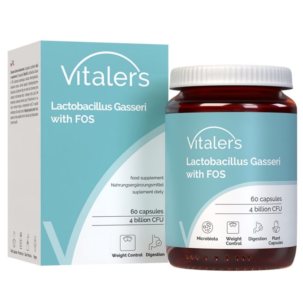 Vitaler's Lactobacillus Gasseri mit FOS: Karton und Flasche mit 60 Kapseln, 4 Milliarden KBE.