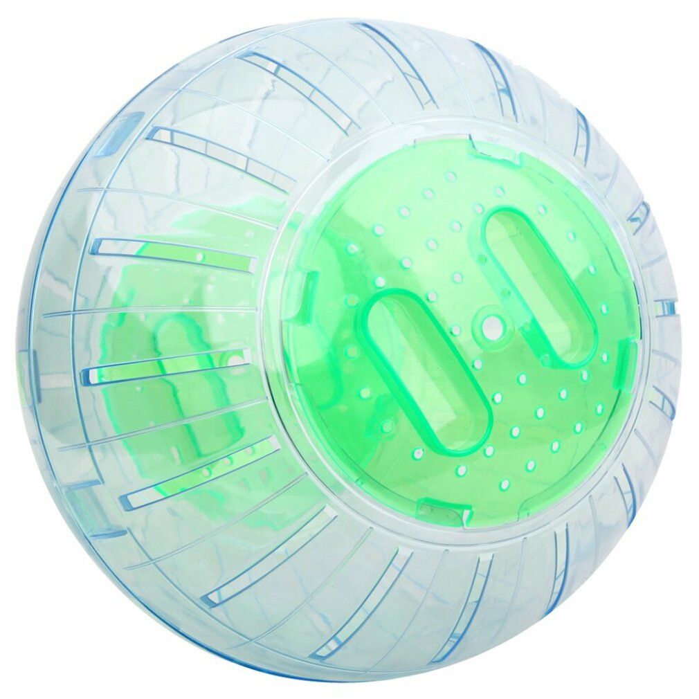 Transparenter Übungsball mit grünen Elementen. Sichtbare Öffnungen und Details.