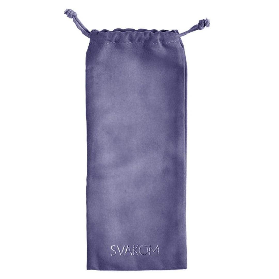 Violette Aufbewahrungstasche mit Kordelzug. Auf der Tasche steht „SVAKOM“.