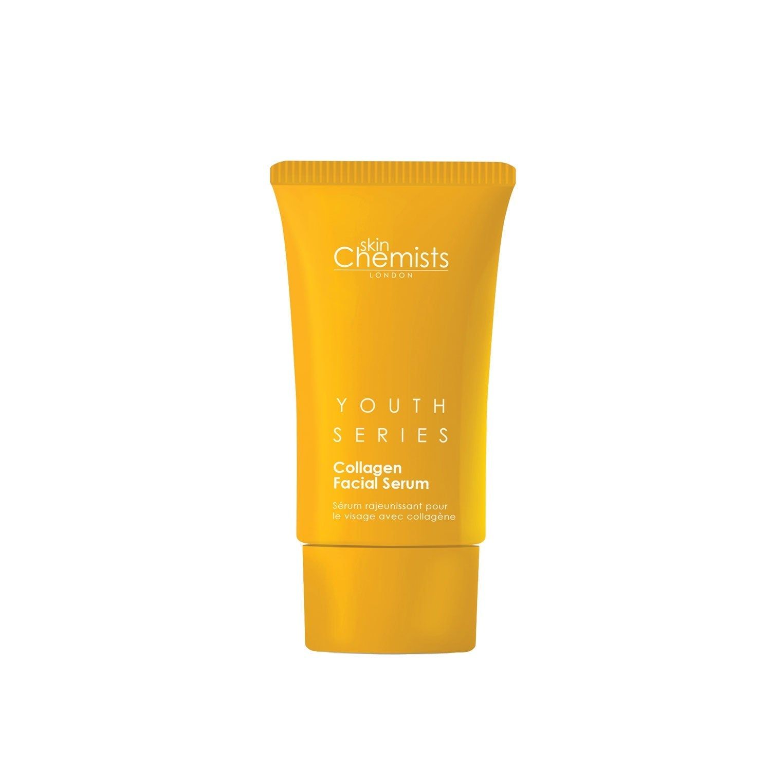 Gelbe Tube mit "skinChemists" und "Youth Series Collagen Facial Serum" Aufschrift. Auf weißem Hintergrund.