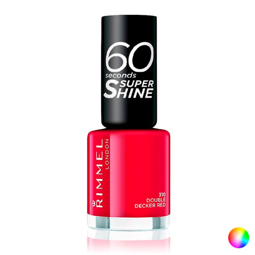 Roter Nagellack mit schwarzem Deckel. Aufschrift: 60 Sekunden Super Shine. Rimmel London. Farbton: 310 Double Decker Red.