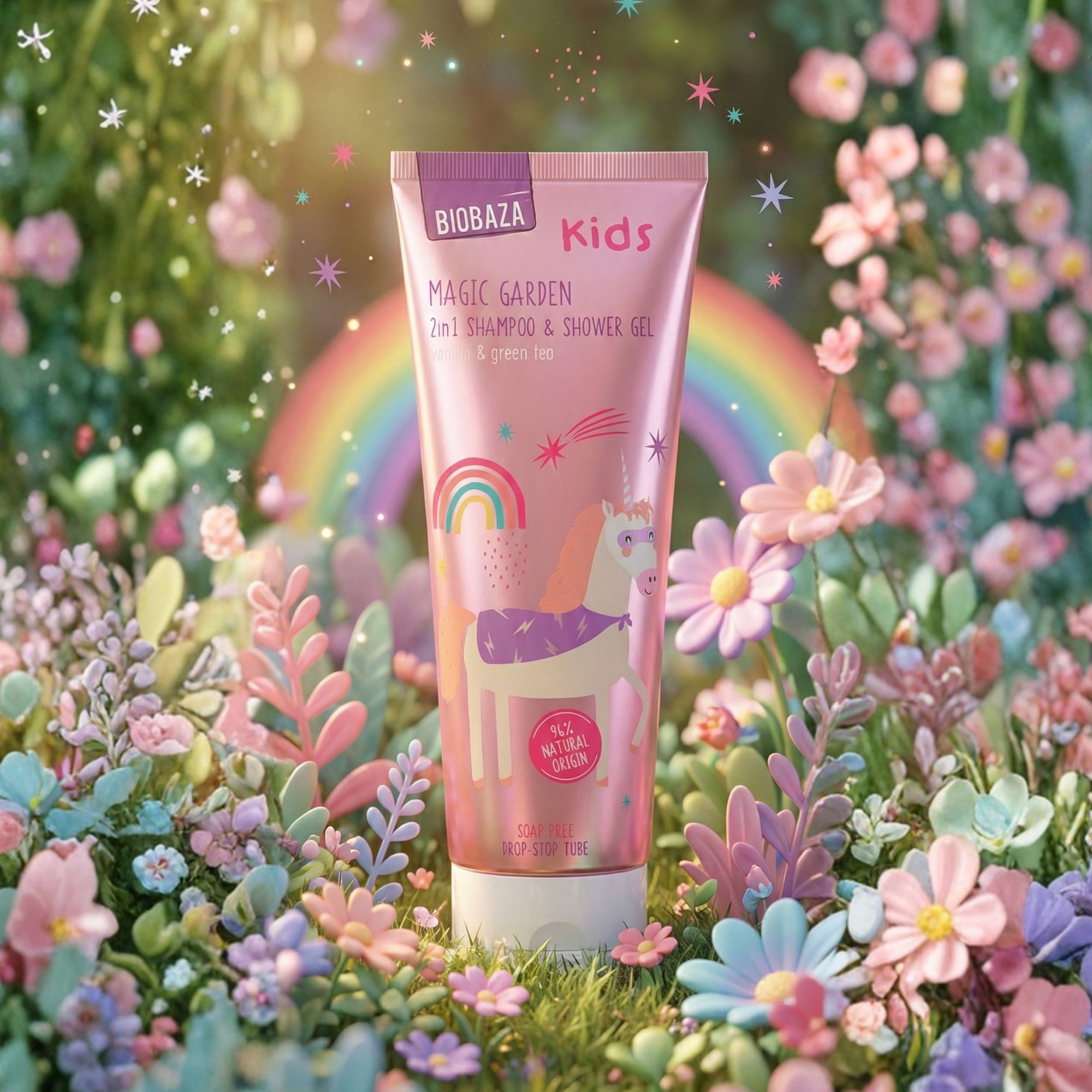 Rosa Tube mit Einhorn-Illustration. Text: Biobaza Kids Magic Garden 2in1 Shampoo & Shower Gel. Umgeben von Blumen.