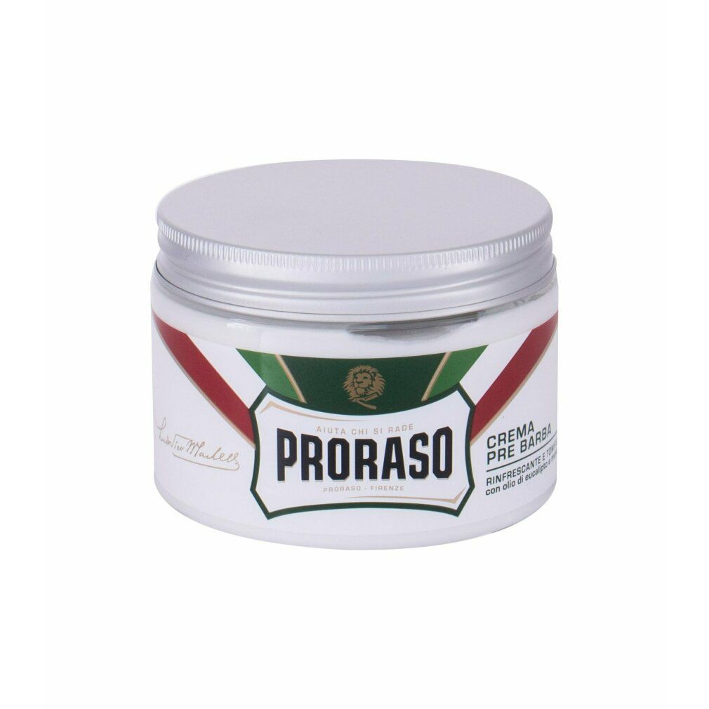Weißer Tiegel mit silbernem Deckel. Aufschrift: PRORASO. Grün-weiß-rote Streifen. Text: Crema Pre Barba. Mit Eukalyptusöl und Menthol.