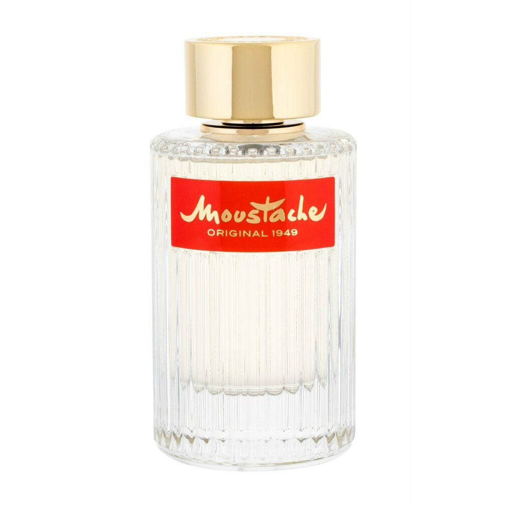 Rochas Moustache Eau de Toilette Flakon. Zylindrische Form, geriffeltes Glas, rotes Etikett mit goldener Schrift, goldener Verschluss.