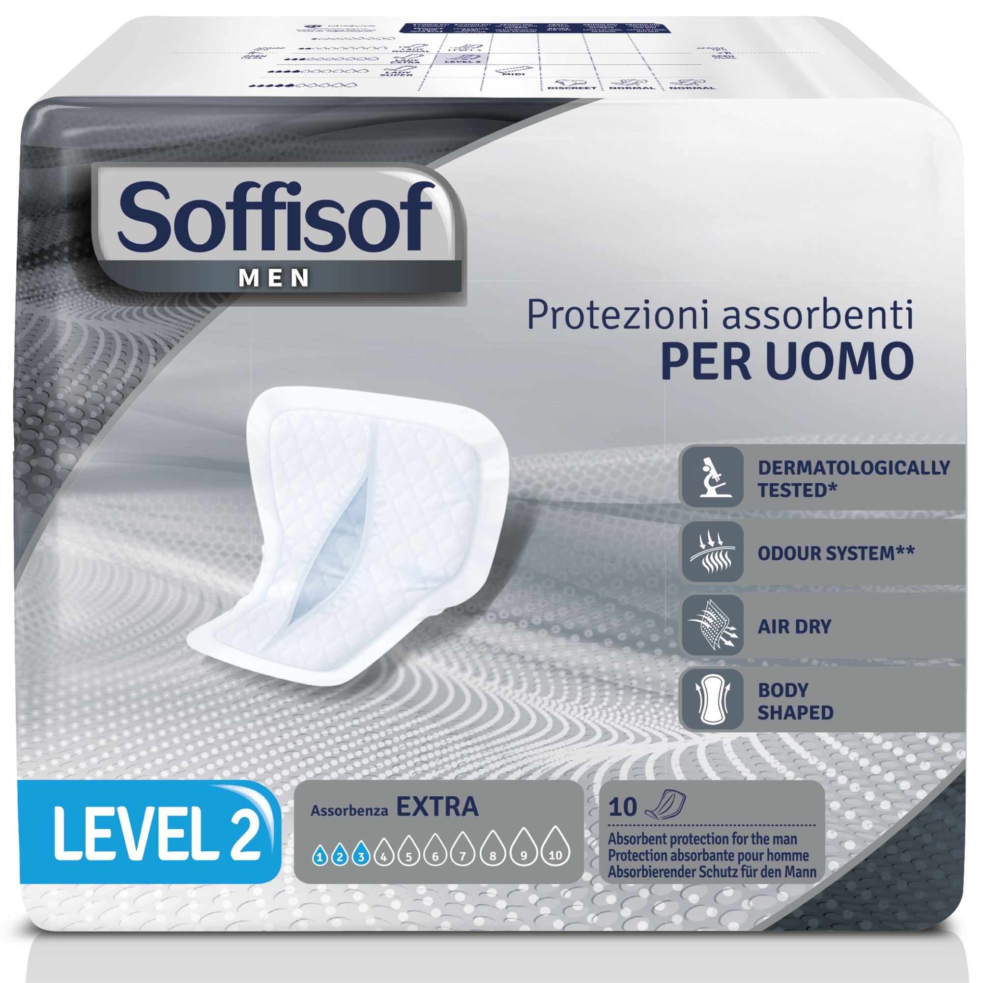 Verpackung Soffisof Men Level 2 Inkontinenzeinlagen. Weiße Einlage, anatomisch geformt. Aufdrucke: 'Level 2', 'Extra', '10 Stück'.