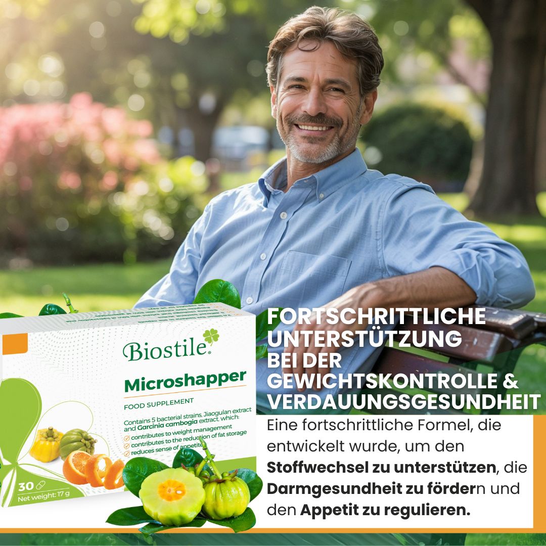 Mann sitzt auf einer Bank, neben einer Packung Biostile Microshapper. Text: Fortschrittliche Unterstützung bei der Gewichts- und Verdauungsgesundheit.