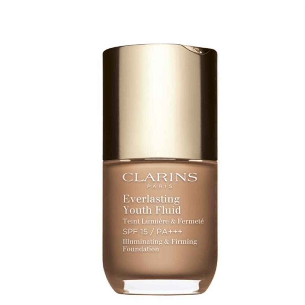 Clarins Everlasting Youth Fluid SPF 15. Flasche mit goldfarbenem Deckel. Aufschrift: SPF 15, Illuminating & Firming Foundation.