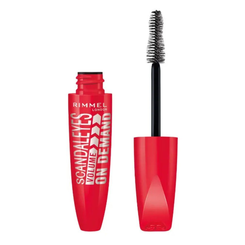 Rote Mascarabürste und -behälter. Text: Rimmel London, Scandaleyes Volume On Demand. Schwarze Mascara-Bürste.