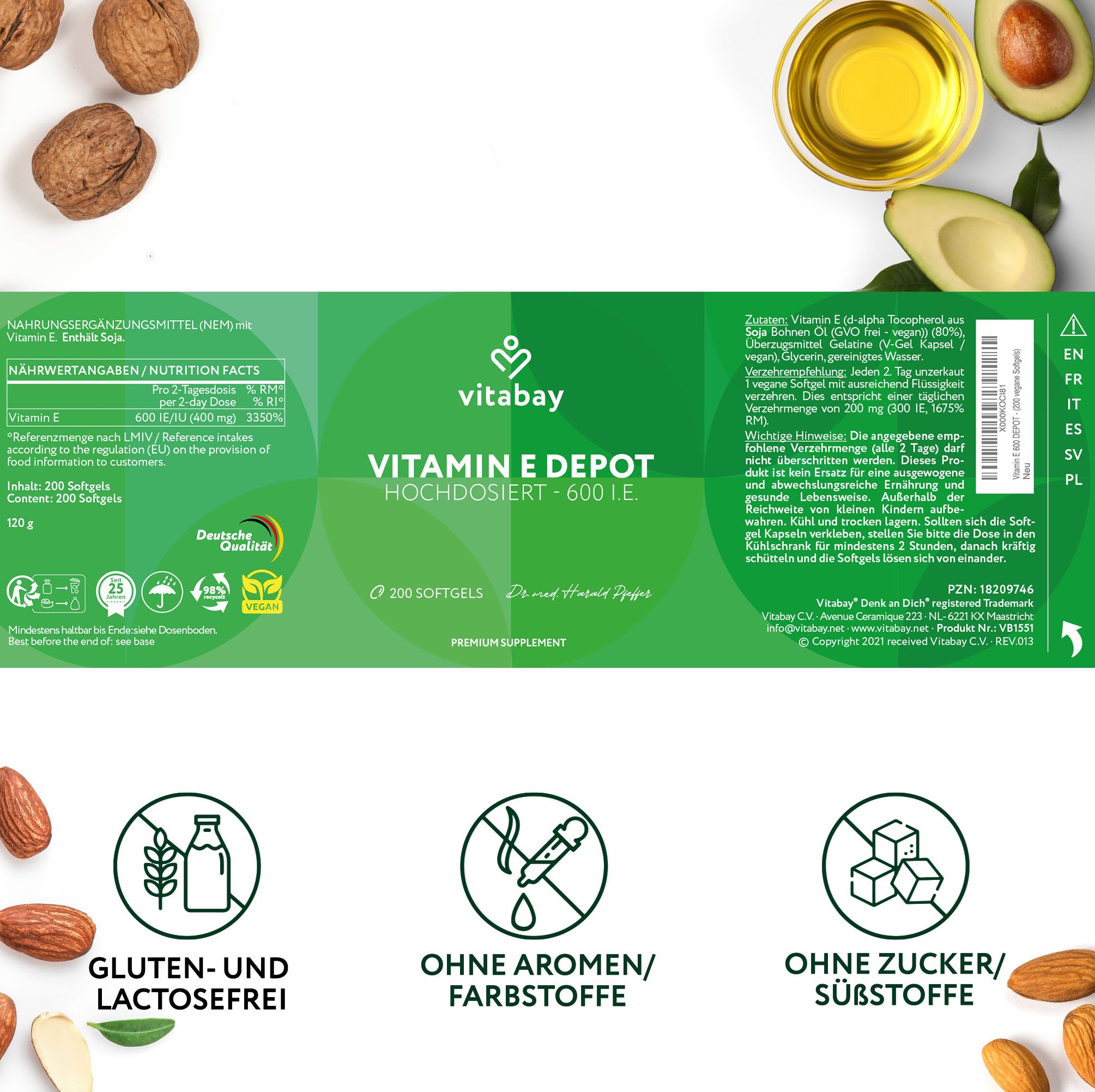 Vitabay Vitamin E 600 Depot Etikett: Glutenfrei, ohne Aromen, ohne Zucker.