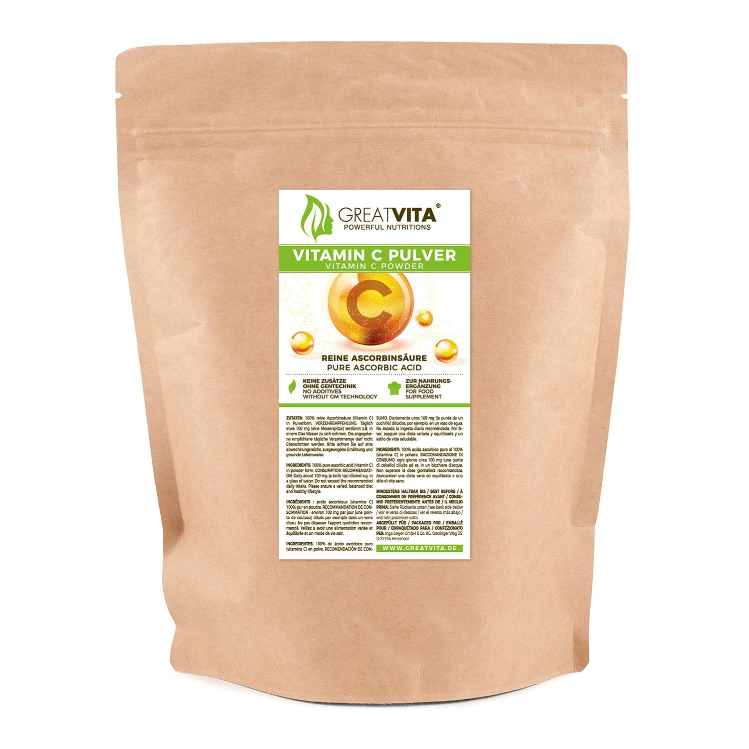 GreatVita Vitamin C Pulver 400g, reine Ascorbinsäure