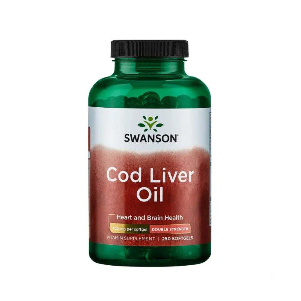 Grüne Flasche mit schwarzem Deckel. Aufschrift: SWANSON Cod Liver Oil. Zusatz: Heart and Brain Health. 250 Softgels.
