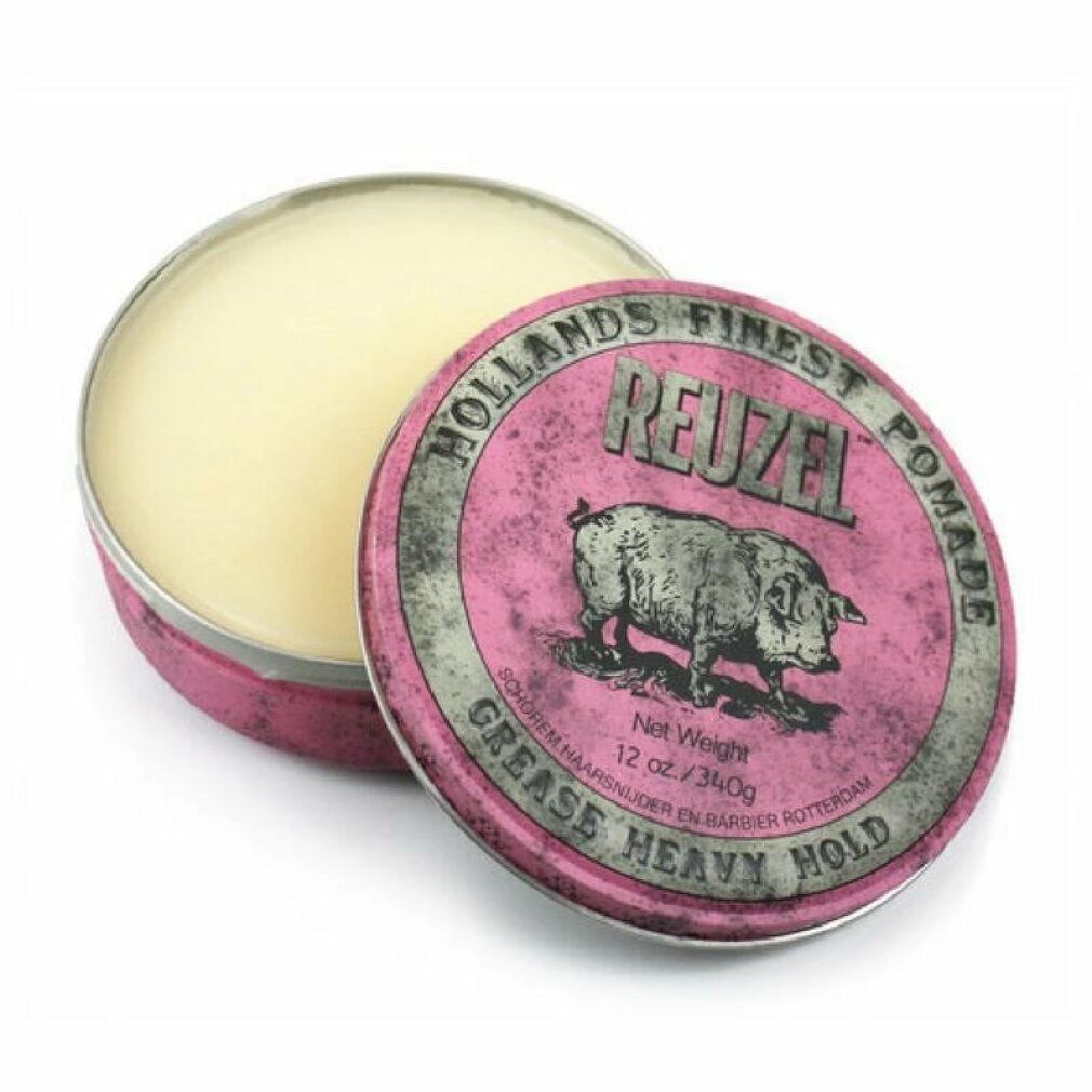 Geöffnete Reuzel Pink Pomade Dose mit Schwein-Logo und gelblicher Pomade.