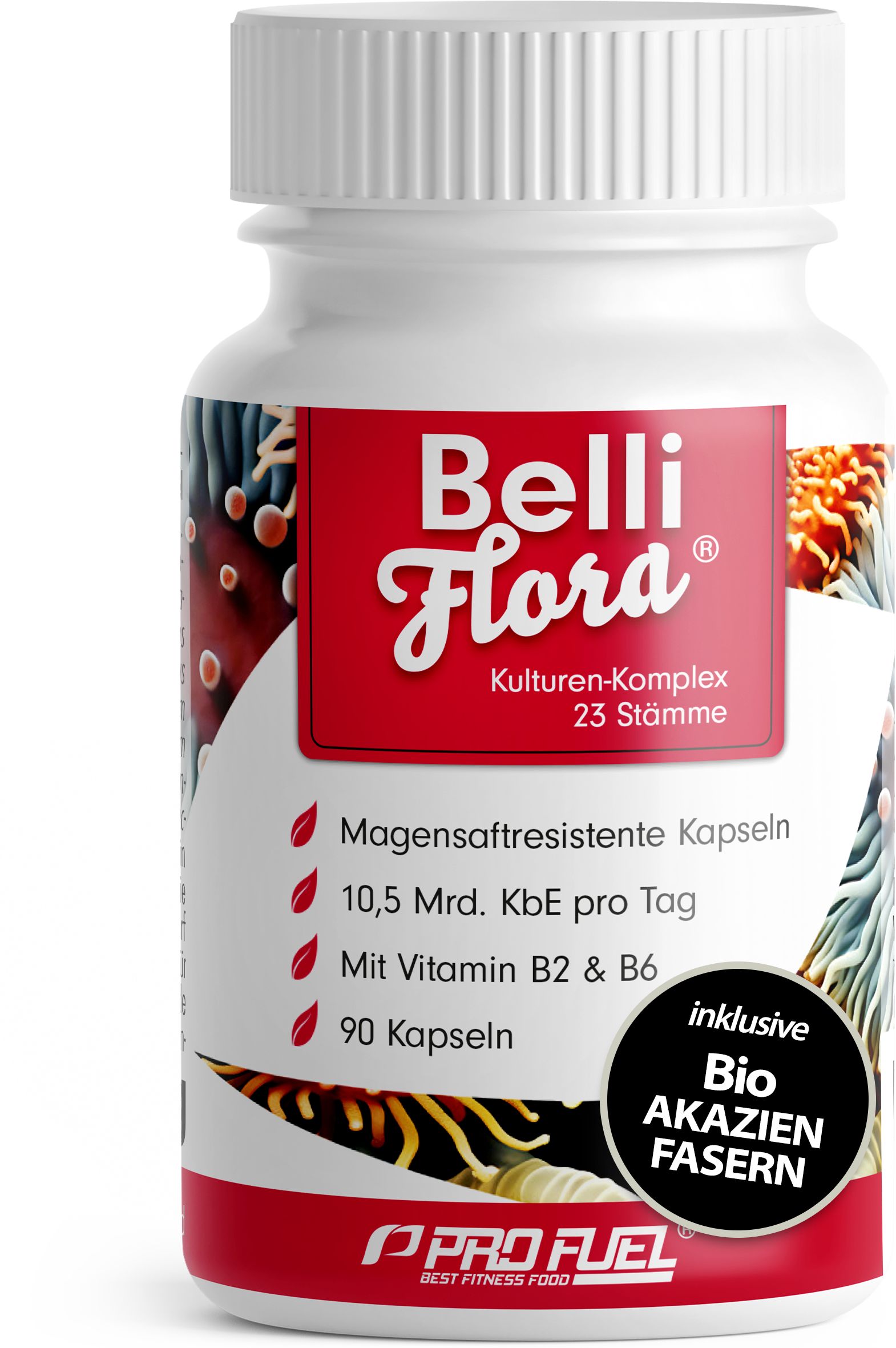 Weiße Flasche mit rotem Etikett. Text: Belli Flora, 90 Kapseln, 10,5 Mrd. KBE pro Tag, Vitamin B2 & B6. Inklusive Bio Akazien Fasern.