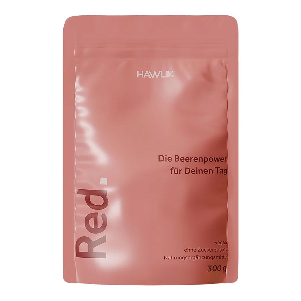 Rosa Beutel mit Produktaufdruck. Oben steht "HAWLIK". Vertikal steht "Red.". Text: "Die Beerenpower für Deinen Tag". Unten: "300g".