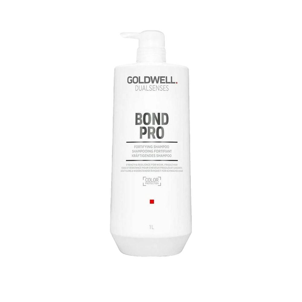 Weißer Goldwell Dualsenses Bond Pro Shampoo-Behälter mit Pumpe. Schriftzug: BOND PRO, 1L.